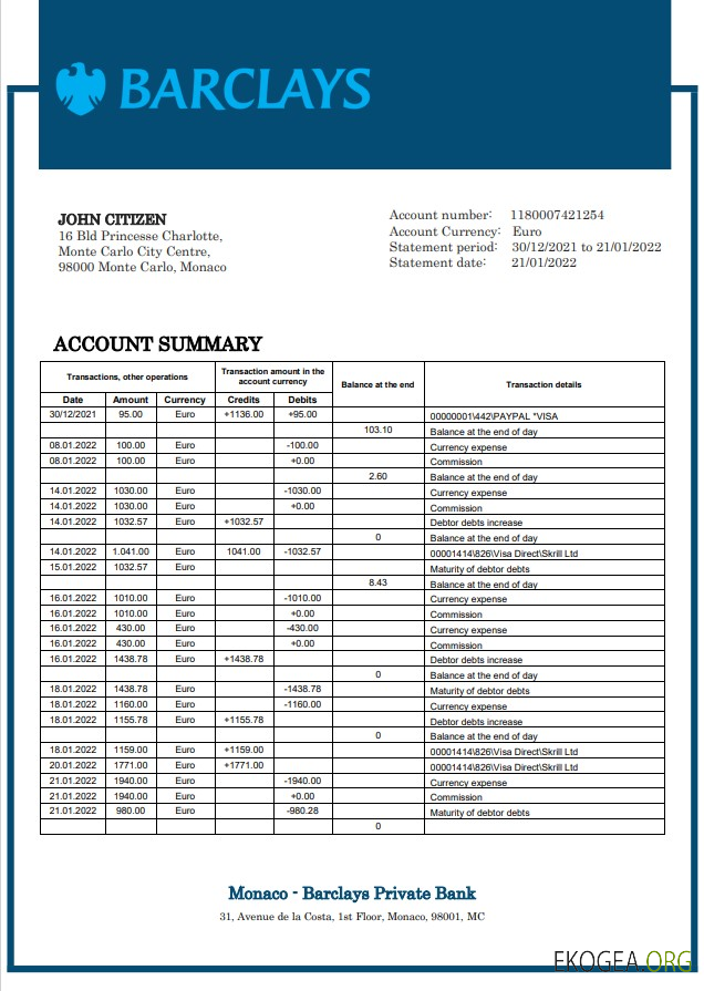 Déclaration de la Banque Privée de Monaco Barclays